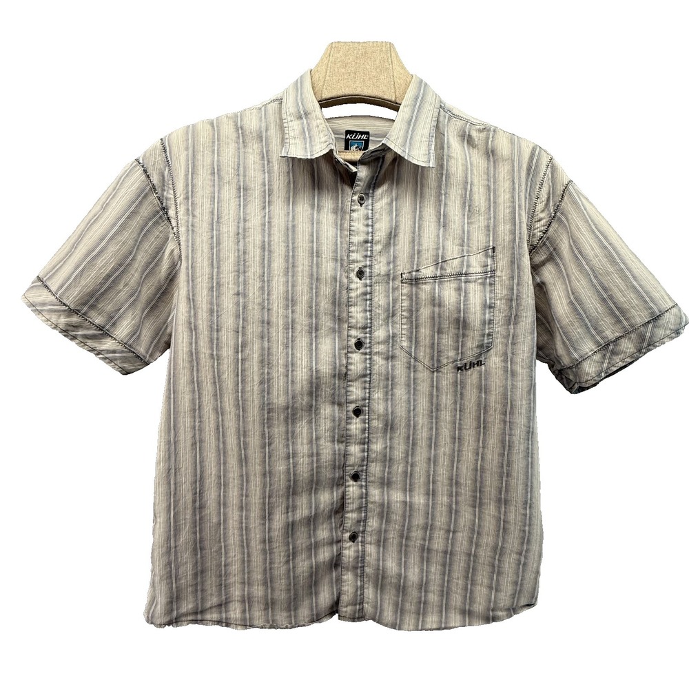 Kuhl Shirt Mens XL Short Sleeve Button Blue Grey‎ Striped Metal Buttons Outdoor